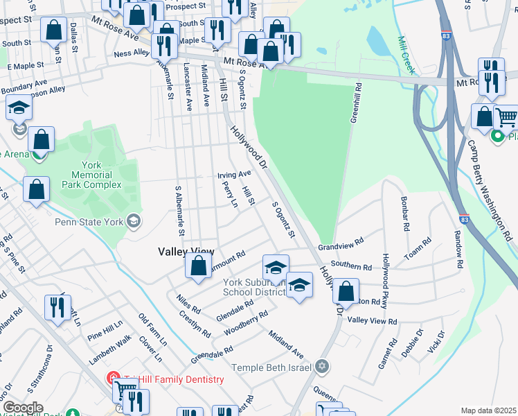 map of restaurants, bars, coffee shops, grocery stores, and more near 904 Moffett Lane in York