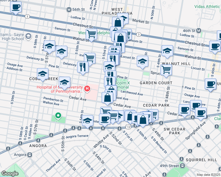map of restaurants, bars, coffee shops, grocery stores, and more near 434 South 52nd Street in Philadelphia