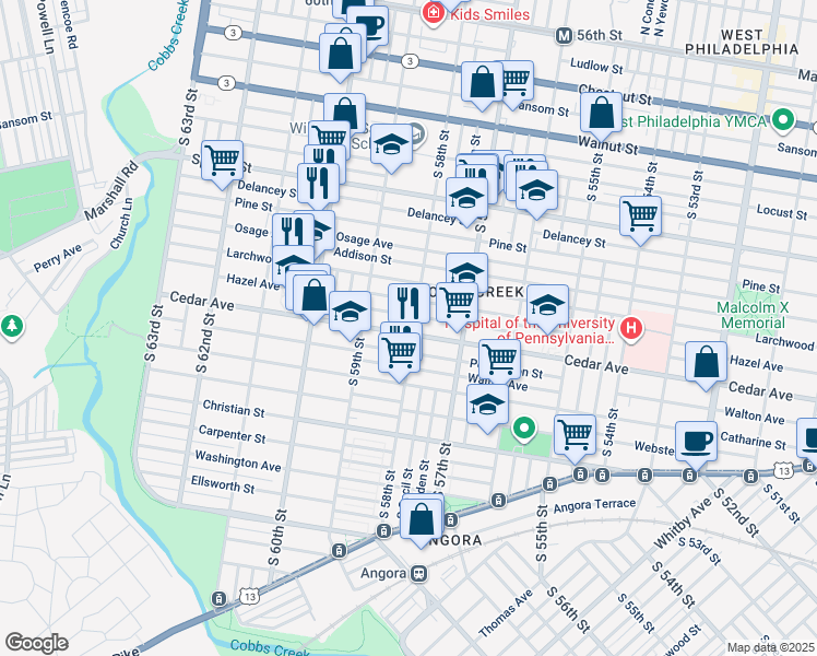 map of restaurants, bars, coffee shops, grocery stores, and more near 5803 Cedar Avenue in Philadelphia