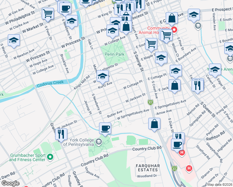 map of restaurants, bars, coffee shops, grocery stores, and more near 148 West Cottage Place in York