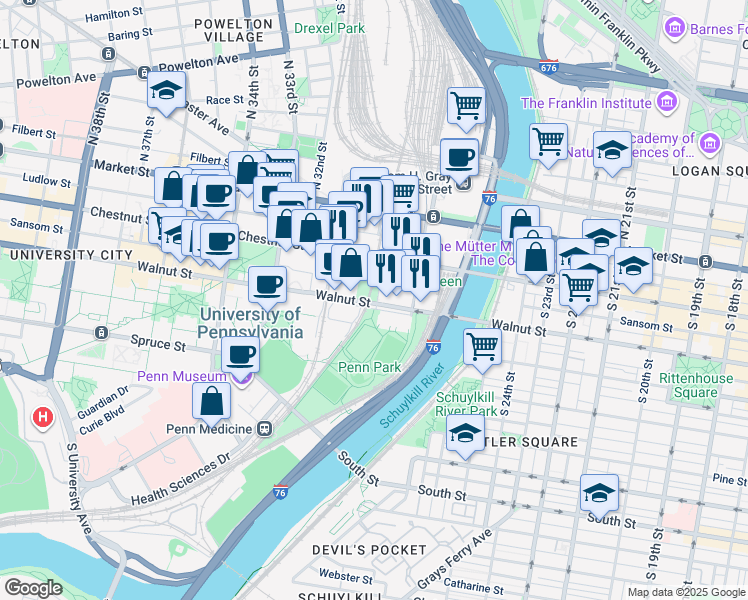 map of restaurants, bars, coffee shops, grocery stores, and more near 3131 Walnut Street in Philadelphia