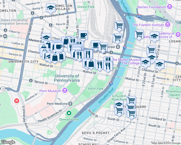 map of restaurants, bars, coffee shops, grocery stores, and more near 3115 Walnut Street in Philadelphia