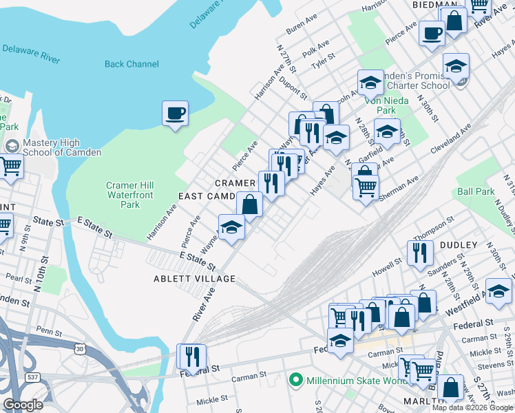 map of restaurants, bars, coffee shops, grocery stores, and more near 1048 North 20th Street in Camden