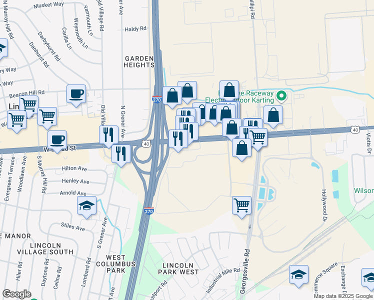 map of restaurants, bars, coffee shops, grocery stores, and more near Westland Mall in Columbus