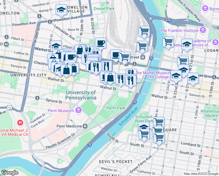 map of restaurants, bars, coffee shops, grocery stores, and more near 3115 Walnut Street in Philadelphia