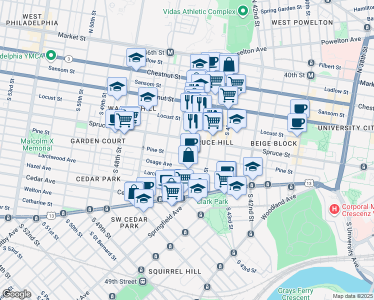 map of restaurants, bars, coffee shops, grocery stores, and more near 32 University Mews in Philadelphia