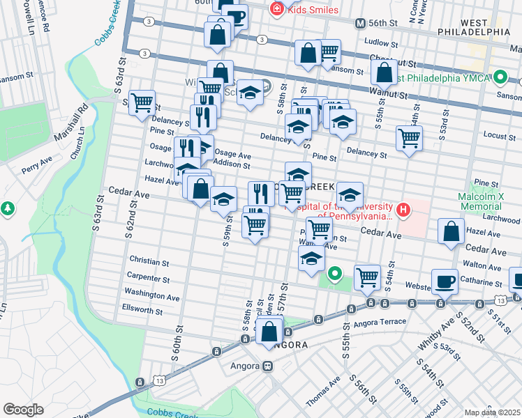 map of restaurants, bars, coffee shops, grocery stores, and more near 5803 Cedar Avenue in Philadelphia