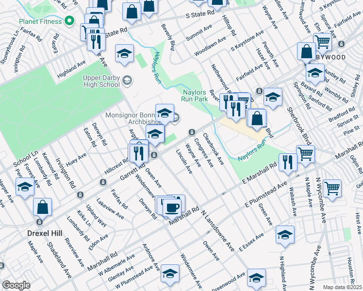 map of restaurants, bars, coffee shops, grocery stores, and more near 2020 Garrett Road in Lansdowne