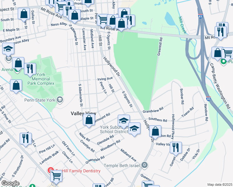 map of restaurants, bars, coffee shops, grocery stores, and more near 904 Moffett Lane in York