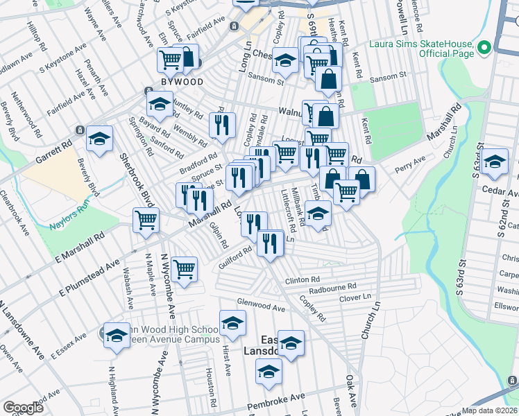 map of restaurants, bars, coffee shops, grocery stores, and more near 421 Grace Road in Delaware County