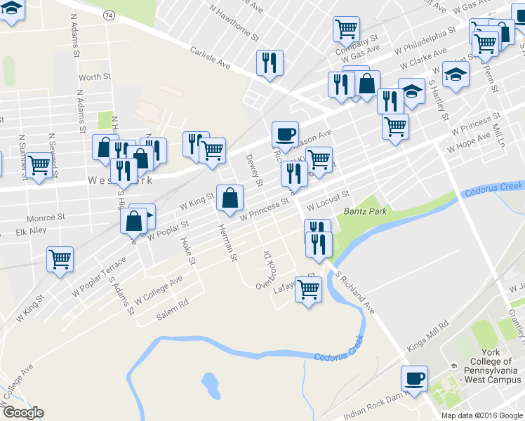 map of restaurants, bars, coffee shops, grocery stores, and more near 1114 West Princess Street in York