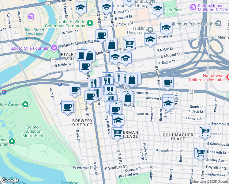 map of restaurants, bars, coffee shops, grocery stores, and more near 110 E Blenkner St in Columbus