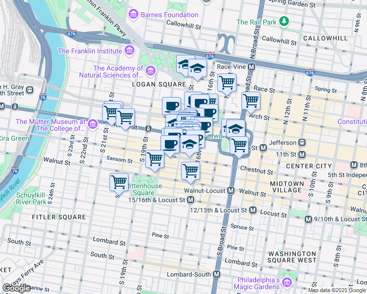 map of restaurants, bars, coffee shops, grocery stores, and more near 27 South 17th Street in Philadelphia