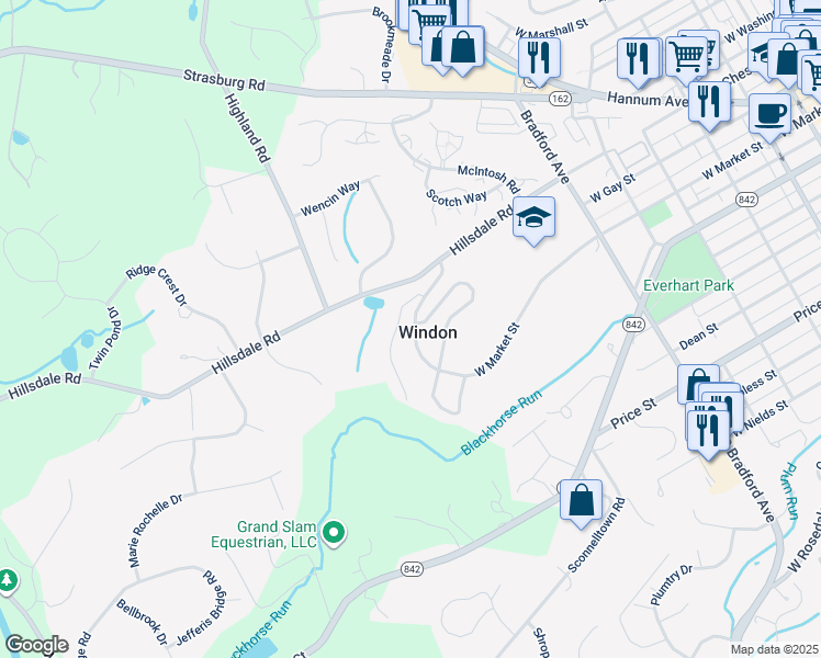 map of restaurants, bars, coffee shops, grocery stores, and more near 202 Mansion House Drive in West Chester