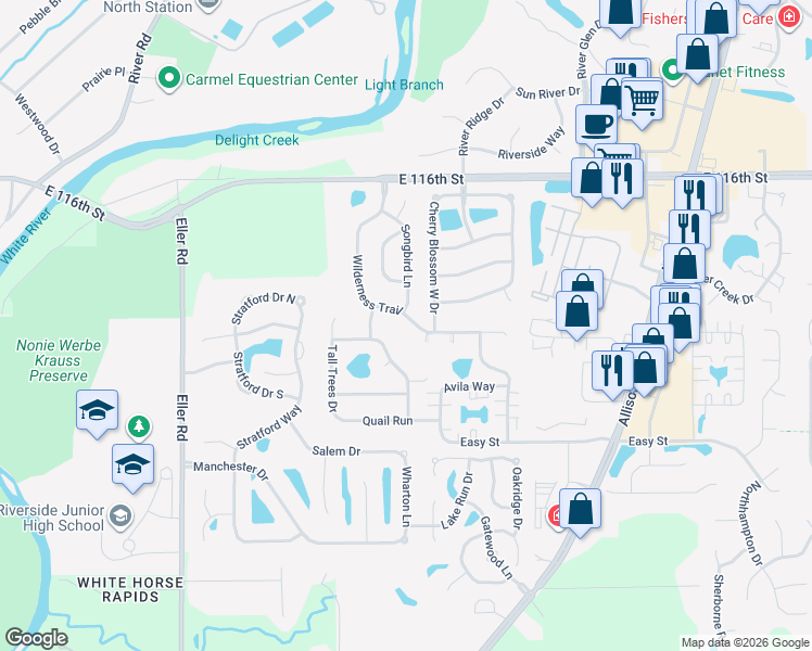 map of restaurants, bars, coffee shops, grocery stores, and more near 11338 Wilderness Trail in Fishers