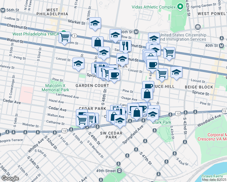 map of restaurants, bars, coffee shops, grocery stores, and more near 4720 Pine Street in Philadelphia