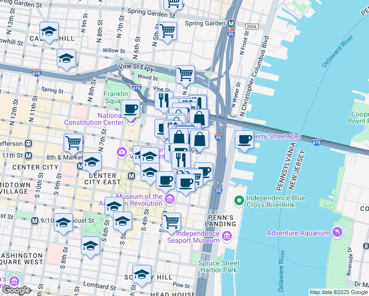 map of restaurants, bars, coffee shops, grocery stores, and more near 229 Arch Street in Philadelphia