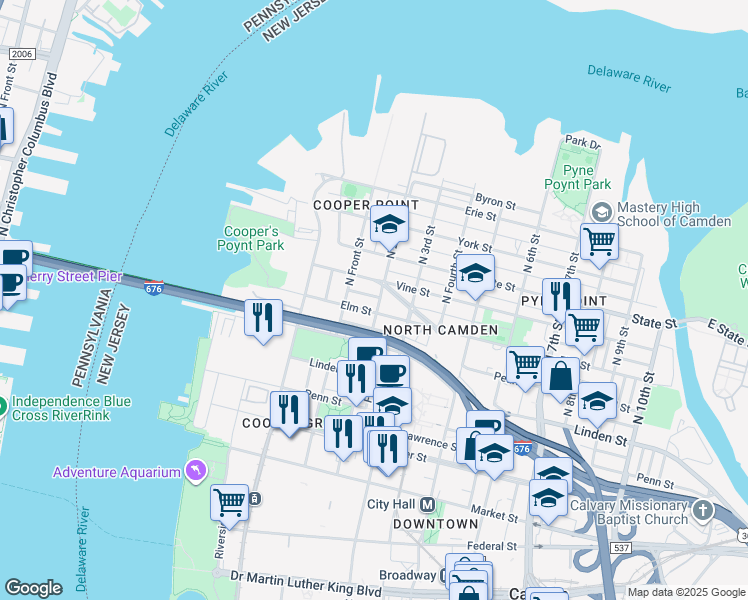 map of restaurants, bars, coffee shops, grocery stores, and more near 214 Vine Street in Camden