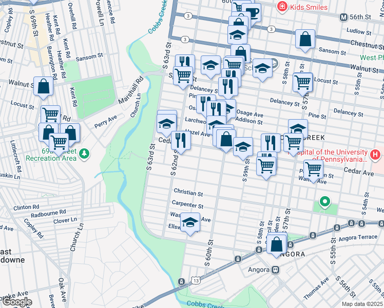 map of restaurants, bars, coffee shops, grocery stores, and more near 6117 Walton Avenue in Philadelphia