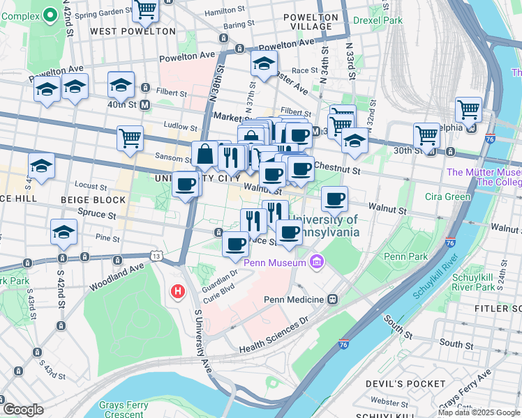 map of restaurants, bars, coffee shops, grocery stores, and more near 3539 Locust Walk in Philadelphia