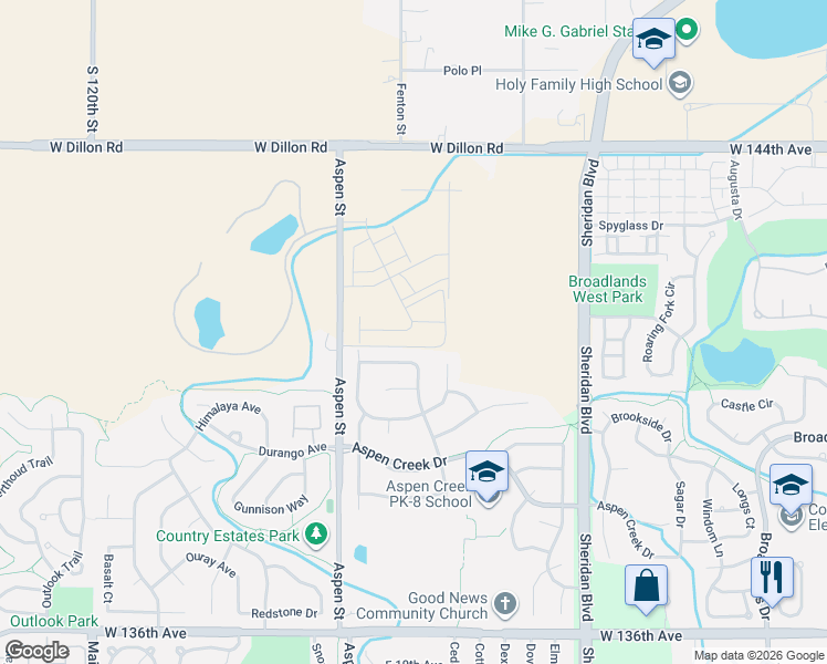 map of restaurants, bars, coffee shops, grocery stores, and more near 14100 Aspen Street in Broomfield