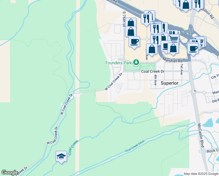 map of restaurants, bars, coffee shops, grocery stores, and more near 7505 West Coal Creek Drive in Superior