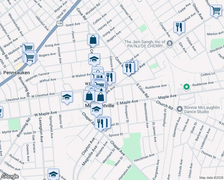 map of restaurants, bars, coffee shops, grocery stores, and more near 102 East Chestnut Avenue in Merchantville