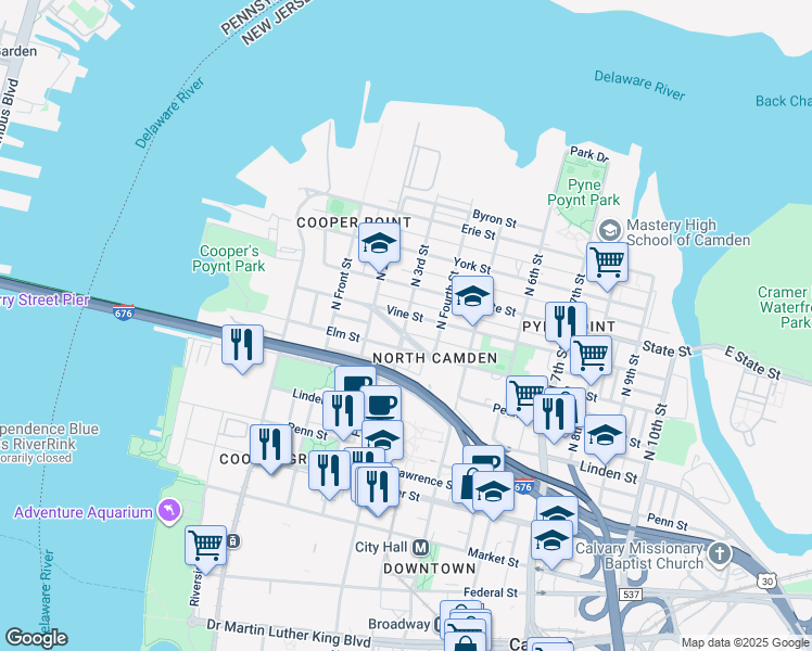 map of restaurants, bars, coffee shops, grocery stores, and more near 303 Vine Street in Camden