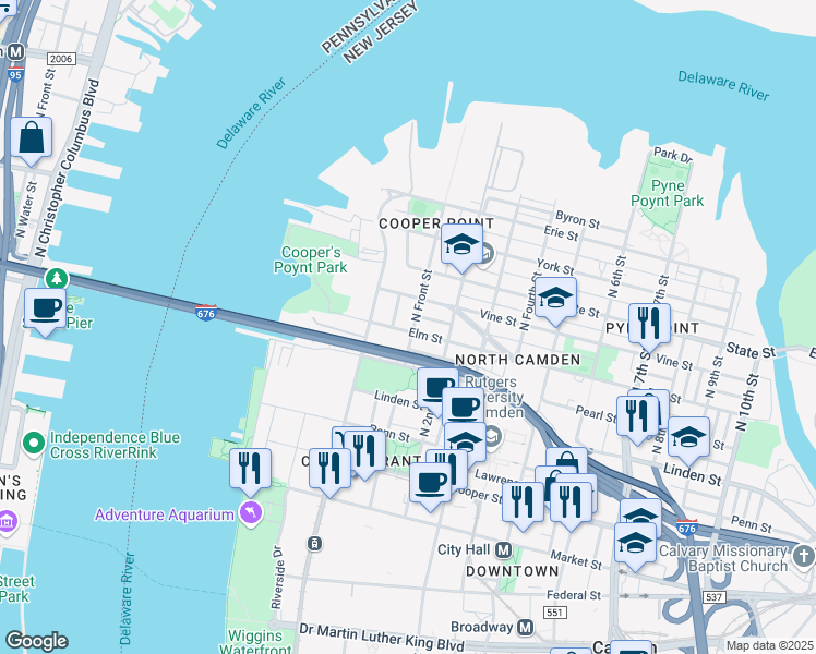 map of restaurants, bars, coffee shops, grocery stores, and more near 618 North Front Street in Camden