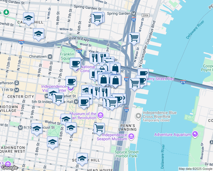 map of restaurants, bars, coffee shops, grocery stores, and more near 105 North Bread Street in Philadelphia