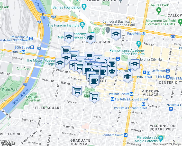 map of restaurants, bars, coffee shops, grocery stores, and more near 1822 Ludlow Street in Philadelphia