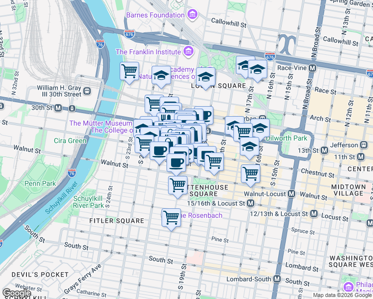 map of restaurants, bars, coffee shops, grocery stores, and more near 2011 Chestnut Street in Philadelphia