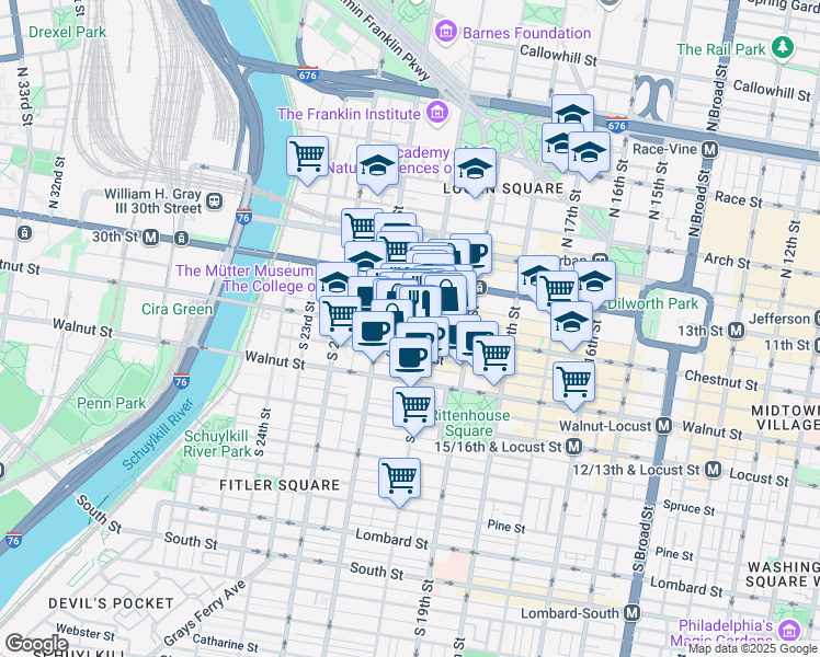 map of restaurants, bars, coffee shops, grocery stores, and more near 2011 Chestnut Street in Philadelphia
