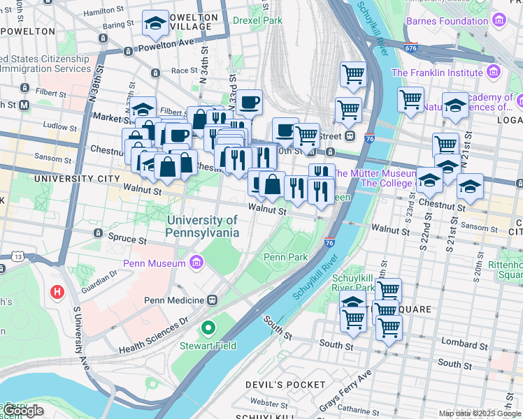 map of restaurants, bars, coffee shops, grocery stores, and more near 3131 Walnut Street in Philadelphia