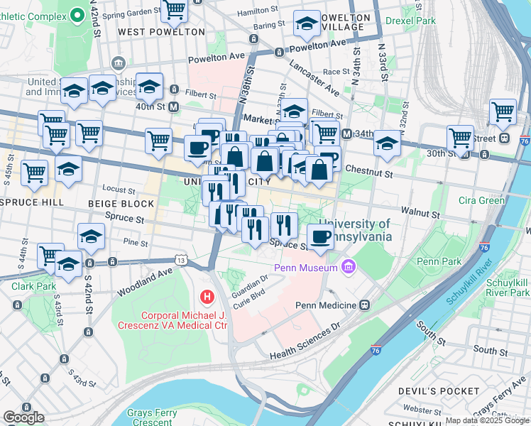 map of restaurants, bars, coffee shops, grocery stores, and more near 3641 Locust Walk in Philadelphia
