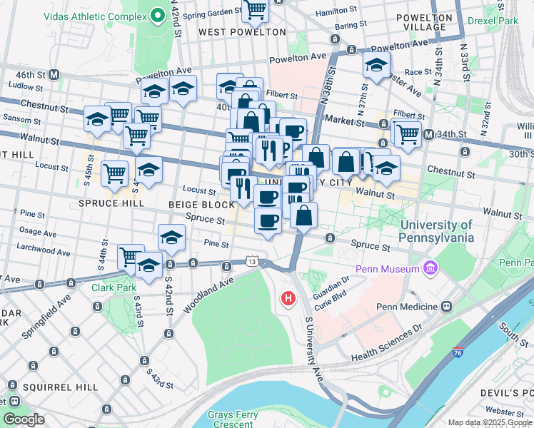 map of restaurants, bars, coffee shops, grocery stores, and more near 3914 Locust Walk in Philadelphia