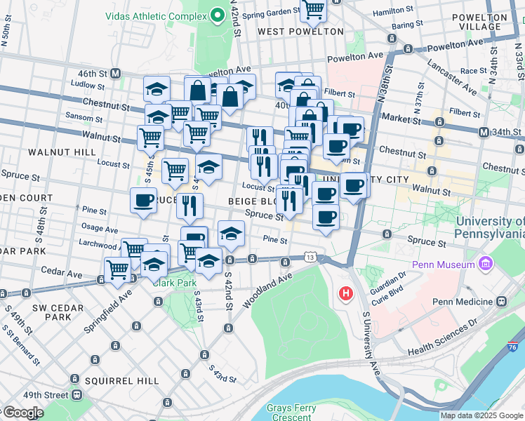 map of restaurants, bars, coffee shops, grocery stores, and more near in Philadelphia