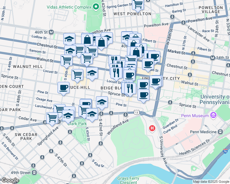 map of restaurants, bars, coffee shops, grocery stores, and more near in Philadelphia