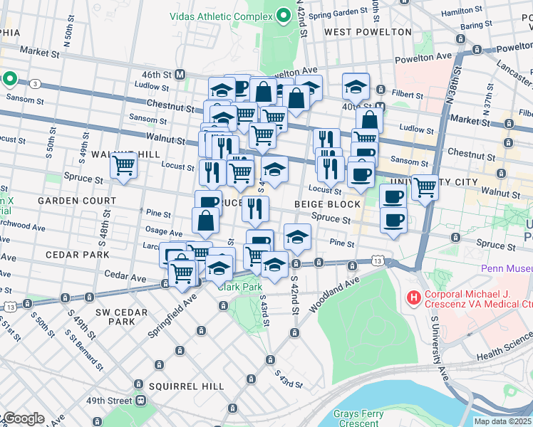 map of restaurants, bars, coffee shops, grocery stores, and more near 4222 Spruce Street in Philadelphia