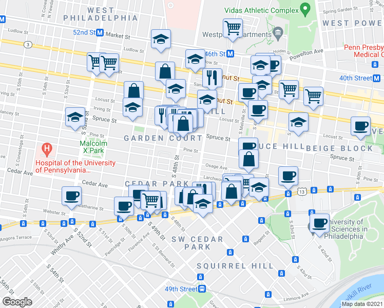 map of restaurants, bars, coffee shops, grocery stores, and more near 4721 Pine Street in Philadelphia