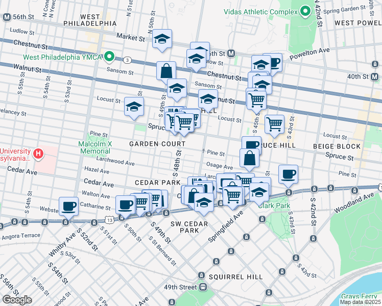 map of restaurants, bars, coffee shops, grocery stores, and more near 4721 Pine Street in Philadelphia