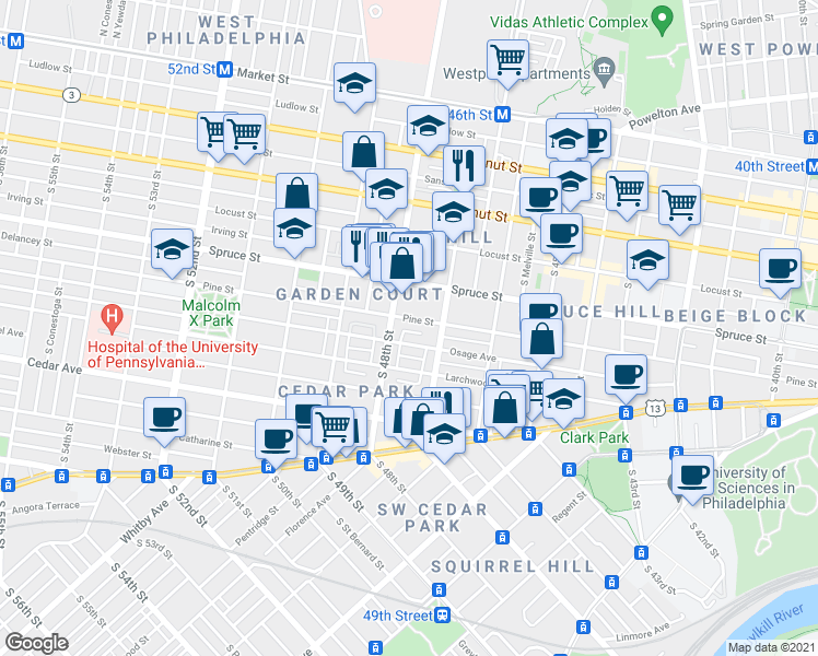 map of restaurants, bars, coffee shops, grocery stores, and more near 4721 Pine Street in Philadelphia