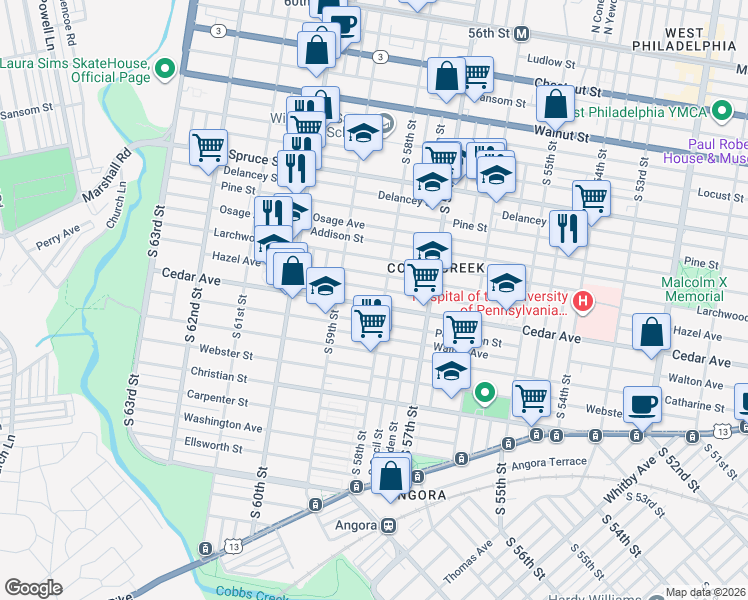map of restaurants, bars, coffee shops, grocery stores, and more near 5759 Rodman Street in Philadelphia