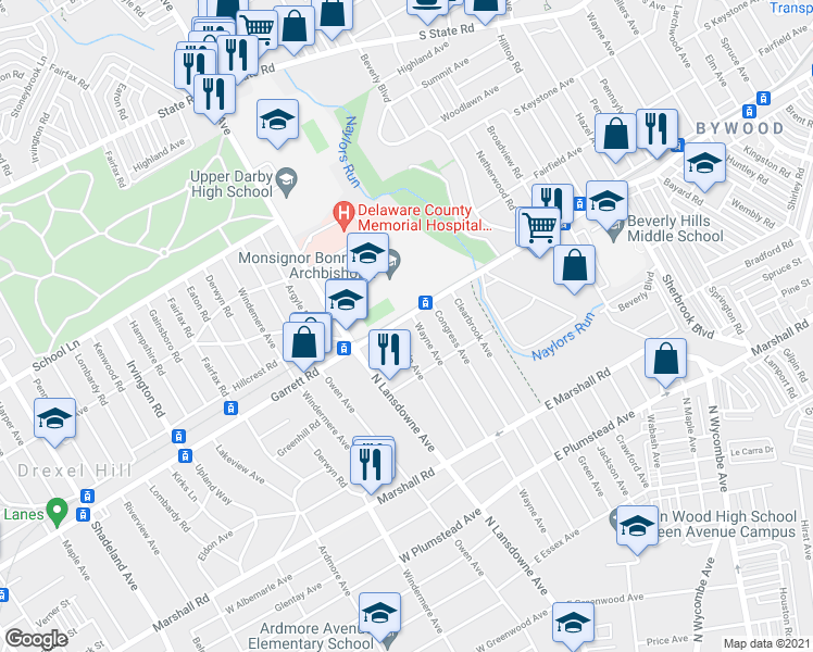 map of restaurants, bars, coffee shops, grocery stores, and more near 2020 Garrett Rd in Drexel Hill