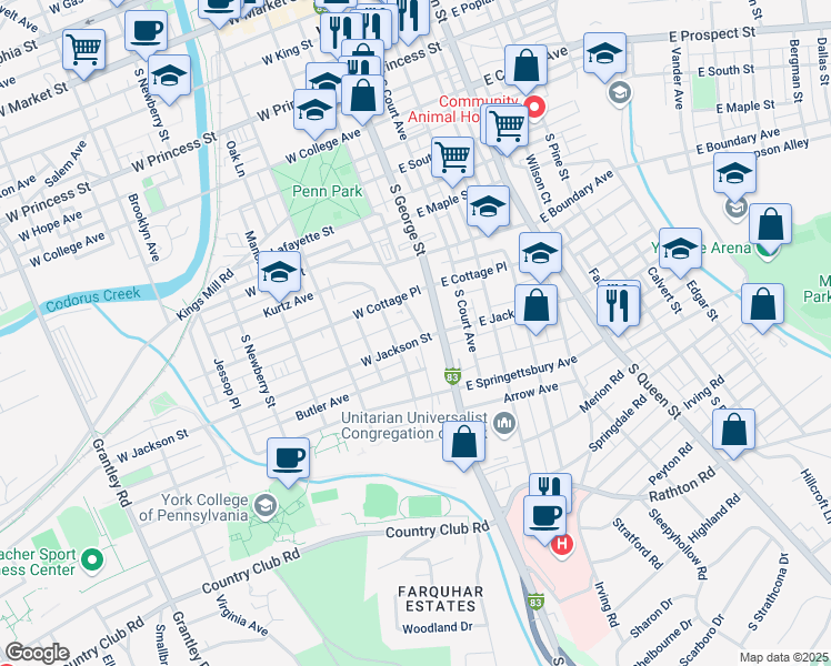 map of restaurants, bars, coffee shops, grocery stores, and more near 742 South George Street in York