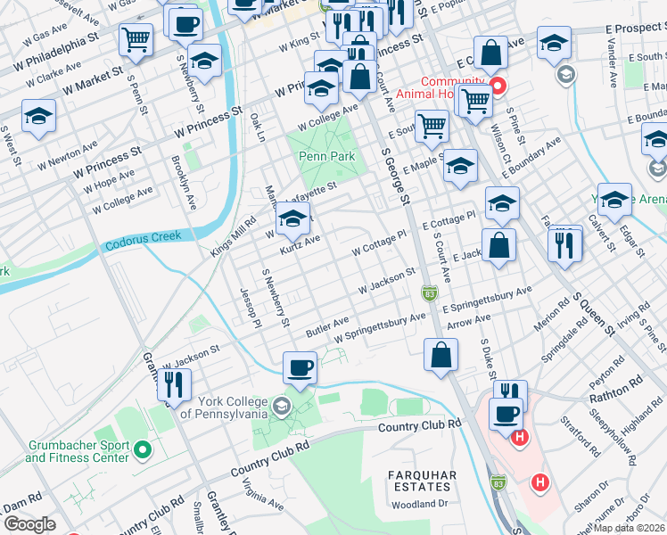 map of restaurants, bars, coffee shops, grocery stores, and more near 148 West Cottage Place in York