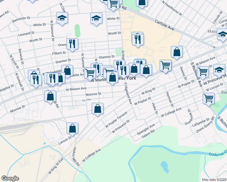 map of restaurants, bars, coffee shops, grocery stores, and more near 55 South Adams Street in West York