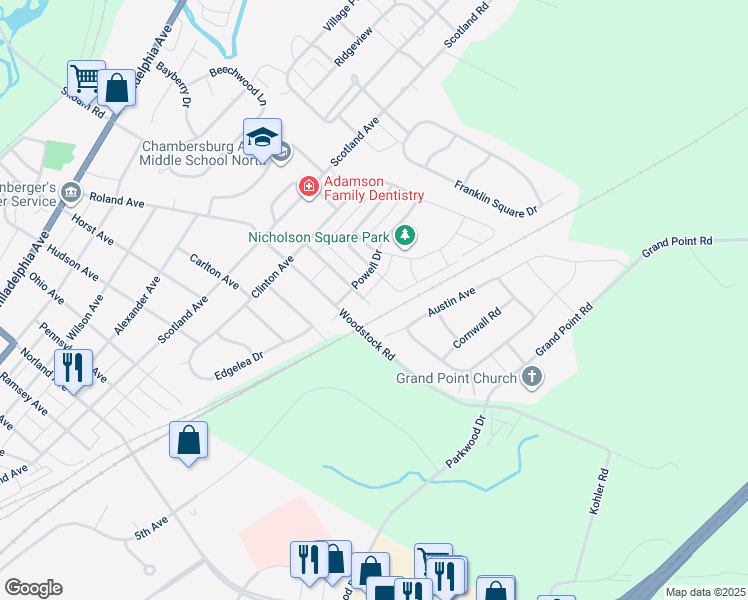 map of restaurants, bars, coffee shops, grocery stores, and more near 1916 Powell Drive in Chambersburg