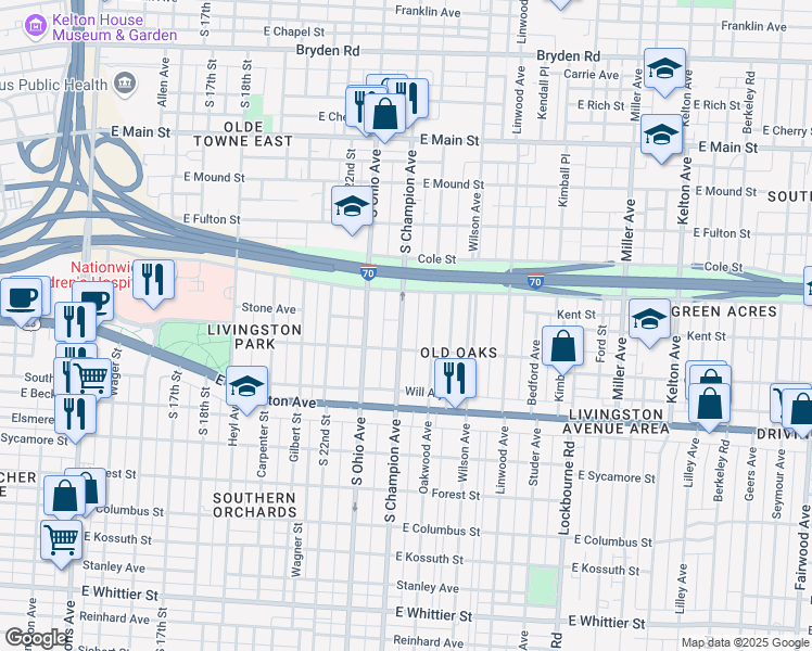 map of restaurants, bars, coffee shops, grocery stores, and more near 632 South Champion Avenue in Columbus
