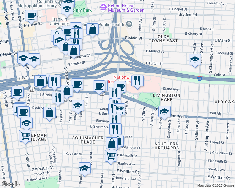 map of restaurants, bars, coffee shops, grocery stores, and more near in Columbus